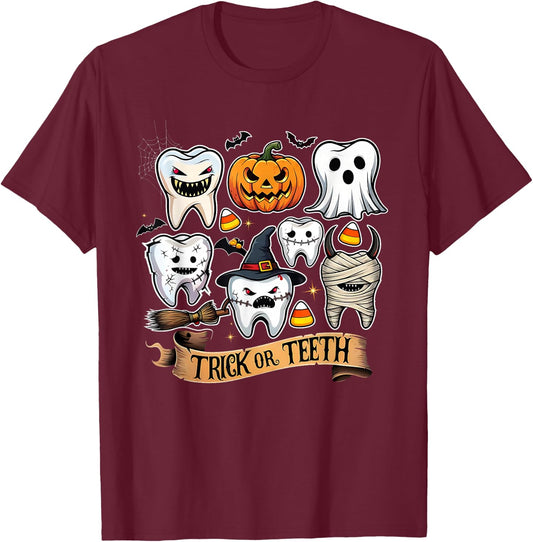 Trick or Teeth Funny Halloween Dentist Tooth Design T-Shirt - T-Shirt | Maroon