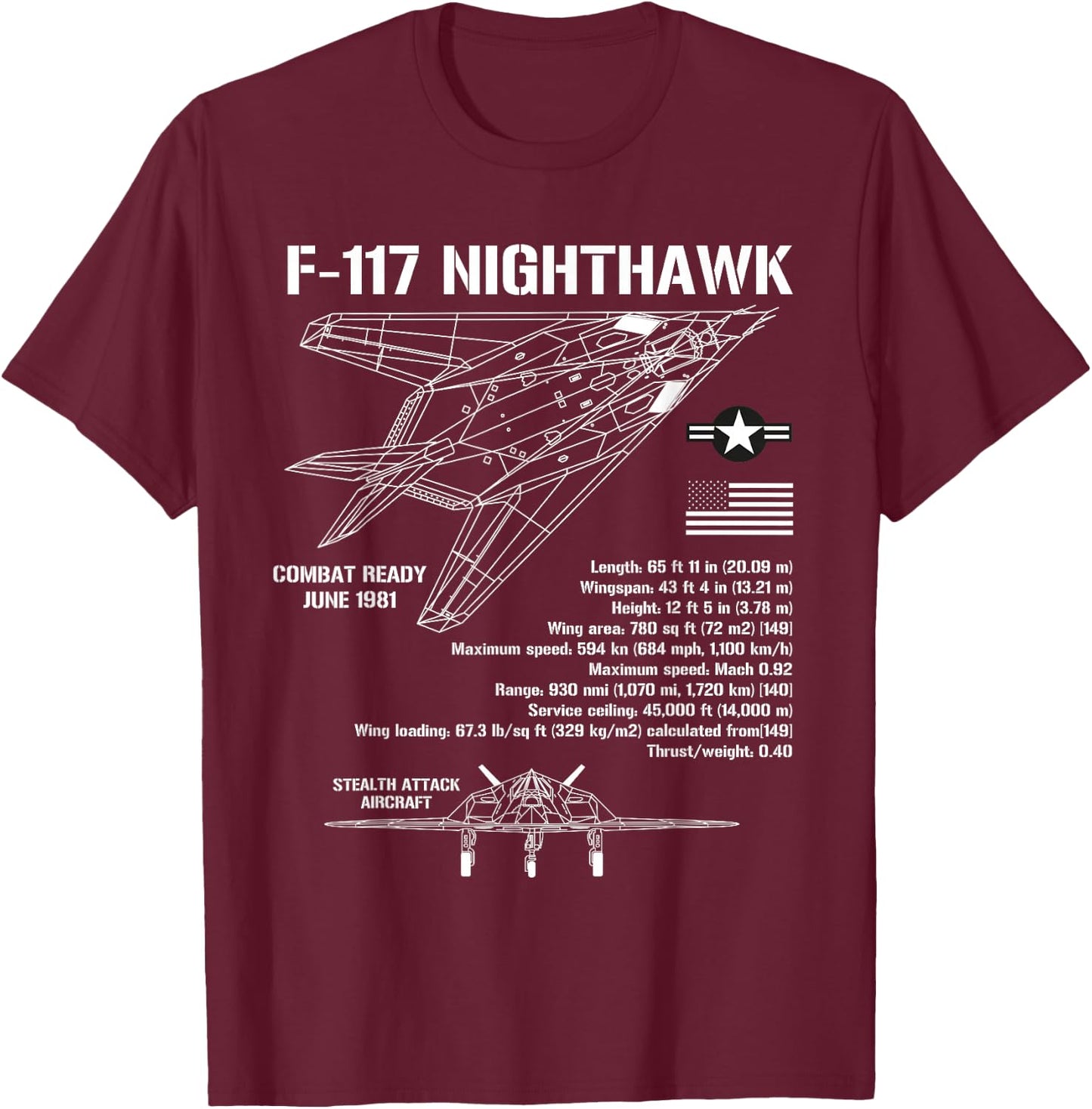 F117 Stealth Nighthawk Specs Military Aircraft F117 T-Shirt - T-Shirt | Maroon