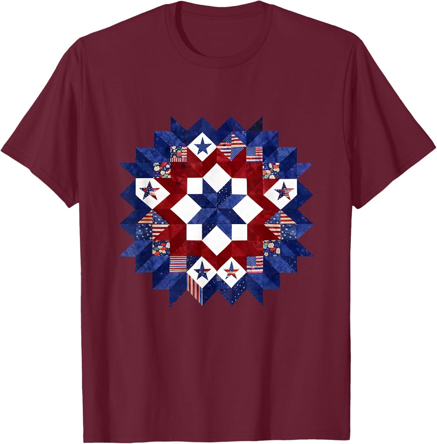 Patriotic Quilt Block Americana Quilting USA Flag Patchwork T-Shirt - T-Shirt | Maroon