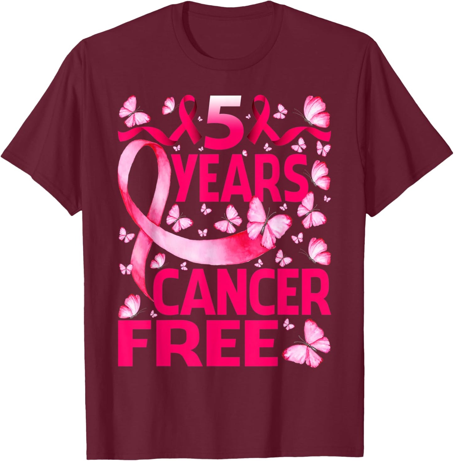 5 Years Breast Cancer Free Survivor Butterfly T-Shirt - T-Shirt | Maroon
