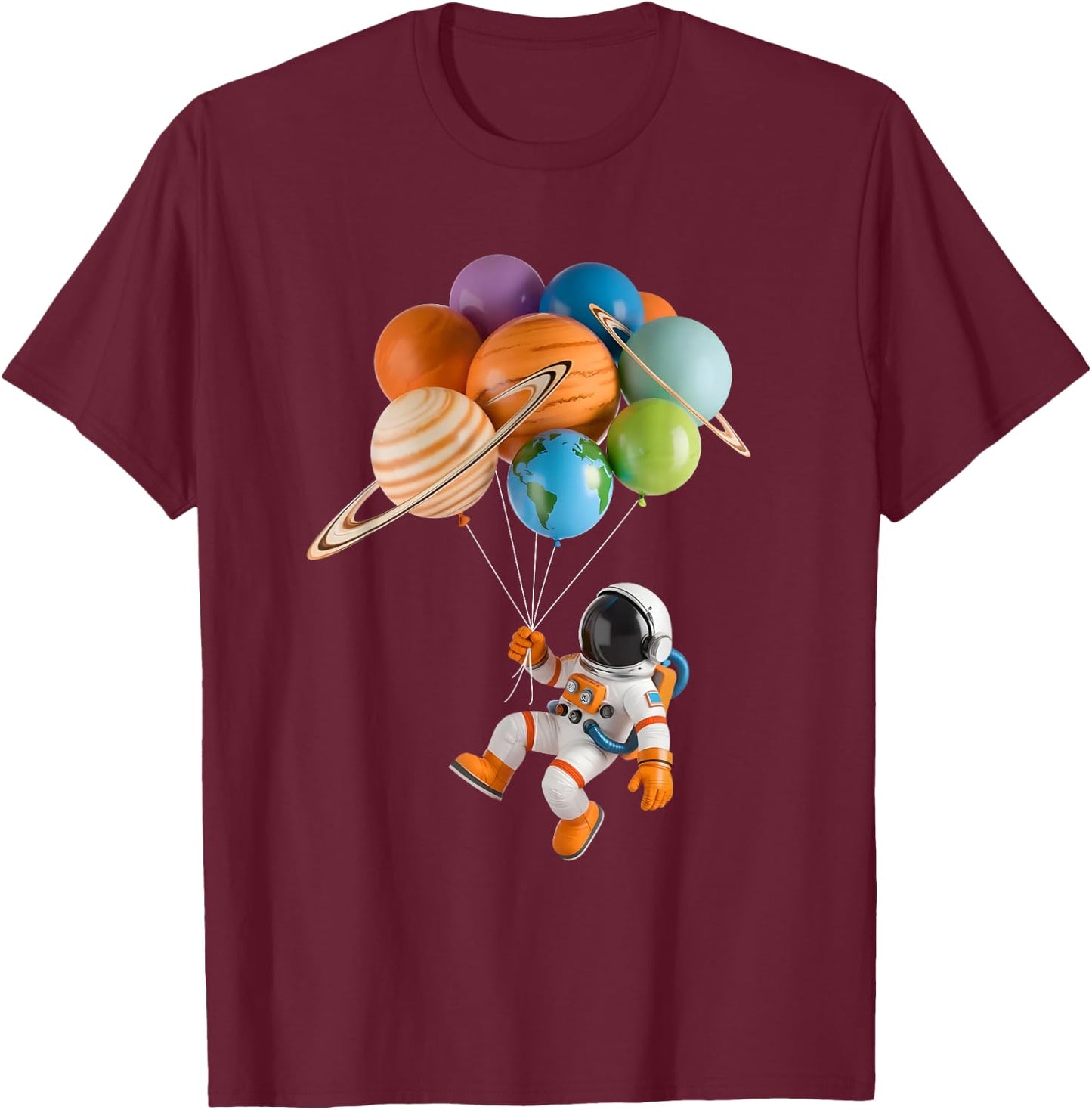 Astronaut Planet Balloons Solar-System Space Kids Astronomy T-Shirt - T-Shirt | Maroon