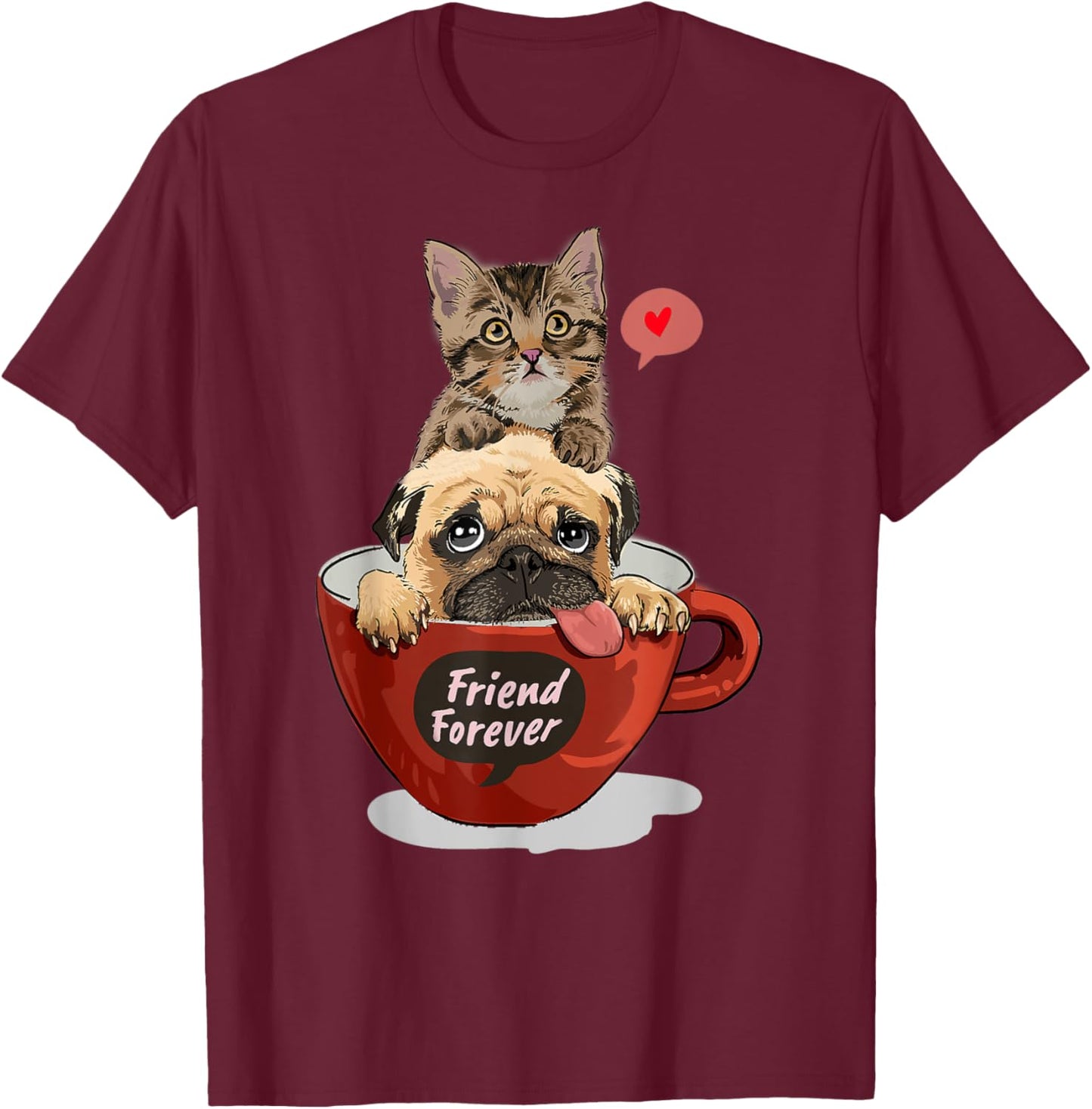 My Three Close Friends, Kitty, Pug puppy and a cup of coffee T-Shirt - T-Shirt | Maroon