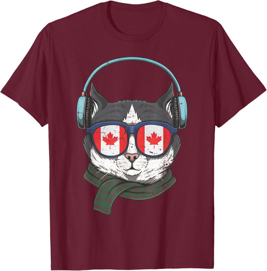 Canada Flag Canadian Cat Sunglasses Funny Men Women Kids T-Shirt - T-Shirt | Maroon