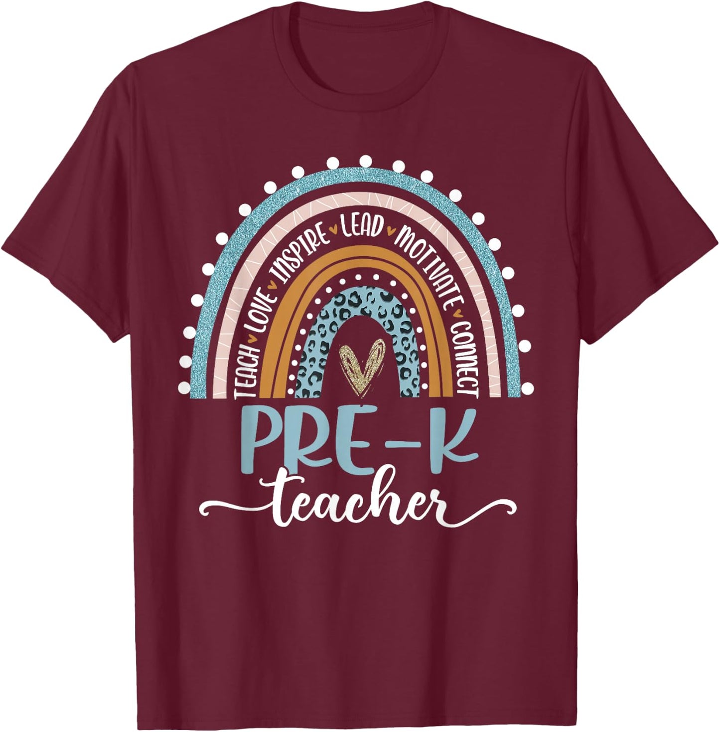 Pre-K Teacher Leopard Boho Rainbow Back to School T-Shirt - T-Shirt | Maroon