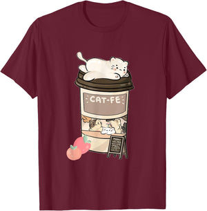Cute Cat Cafe, Kawaii Cat Coffee, Anime Neko Kitty, Cat Puns T-Shirt - T-Shirt | Maroon