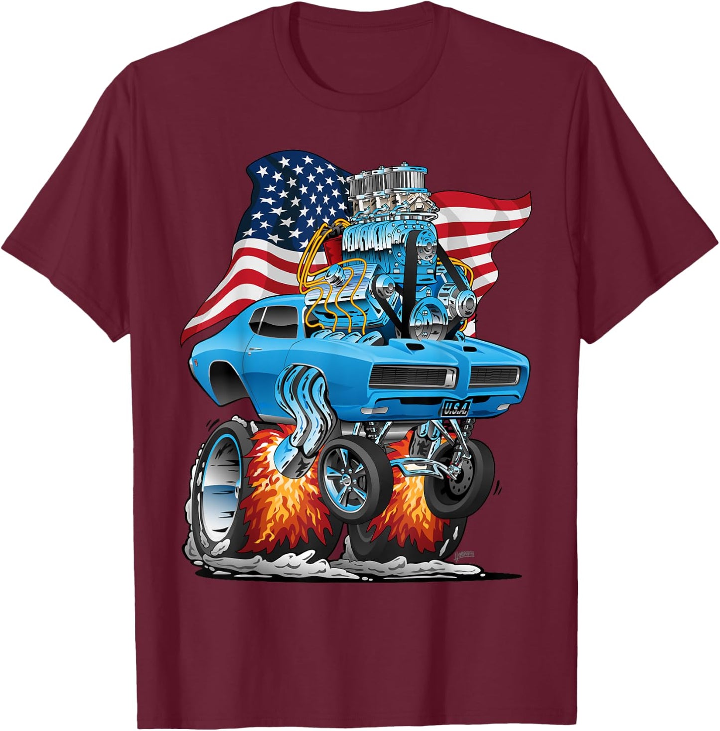 Patriotic 60s Muscle Car Funny Dragster USA Hotrod Cartoon T-Shirt - T-Shirt | Maroon