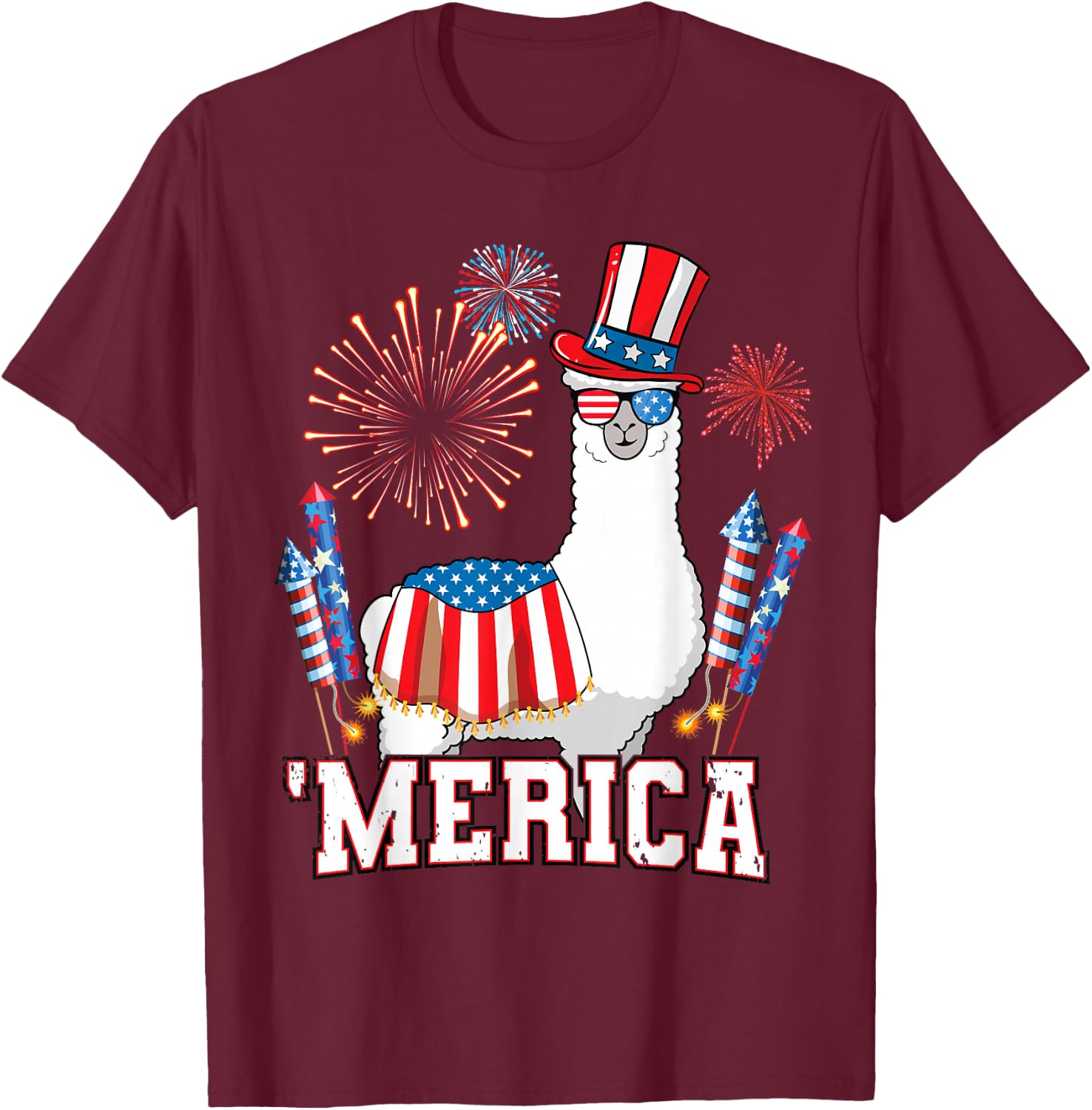 Patriotic Llama Merica Funny 4th of July Fireworks T-Shirt - T-Shirt | Maroon