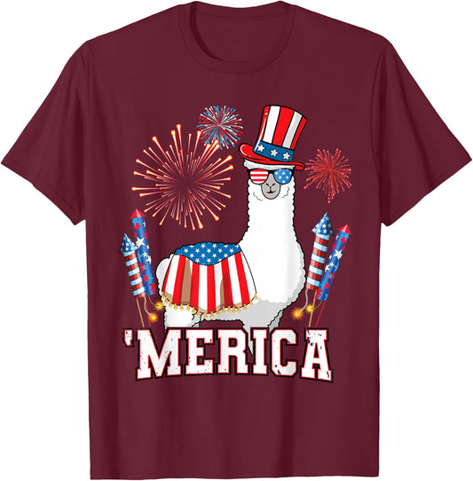 Patriotic Llama Merica Funny 4th of July Fireworks T-Shirt - T-Shirt | Maroon