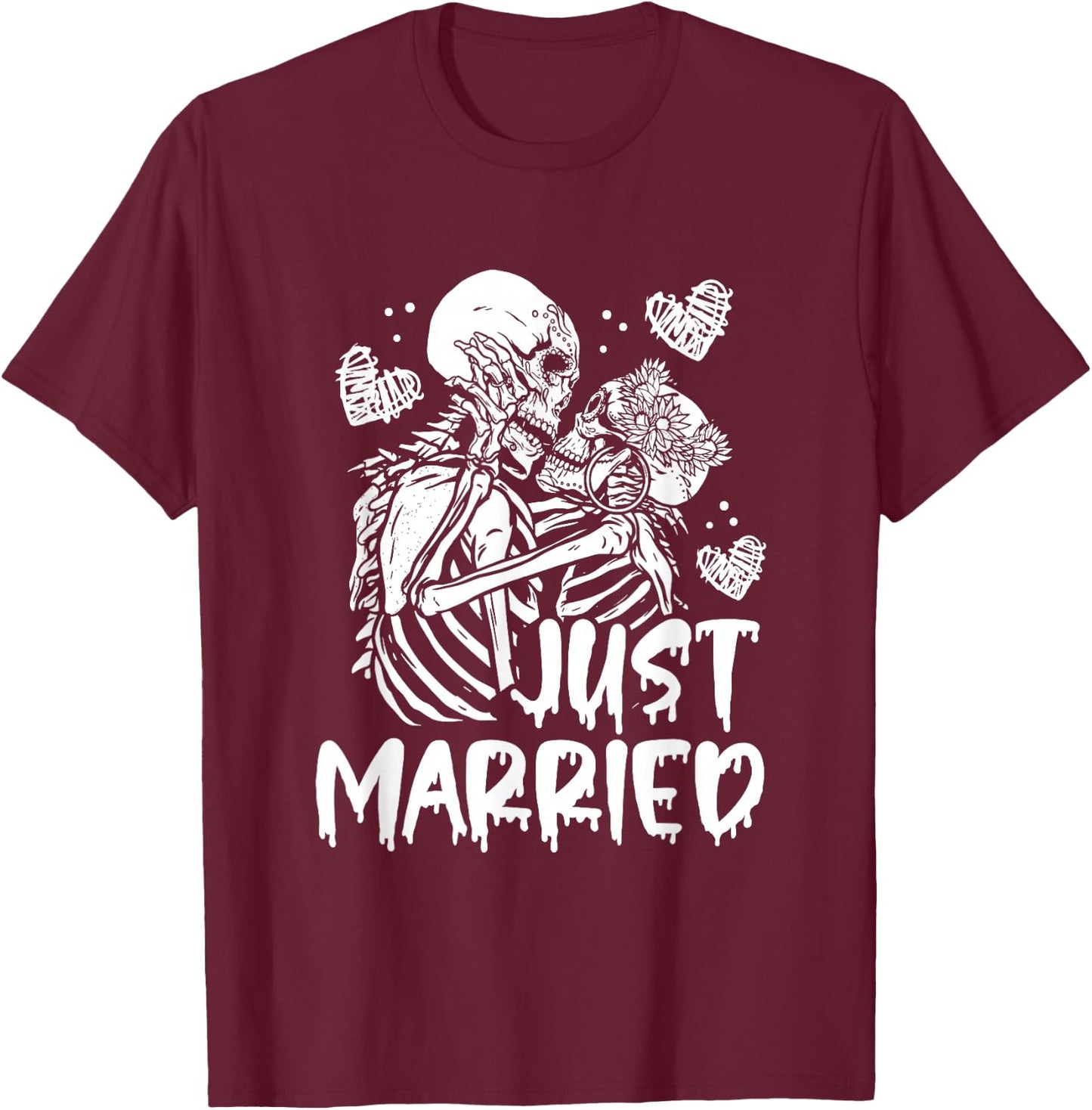 Just Married Halloween Skeleton Bride and Groom Wedding T-Shirt - T-Shirt | Maroon
