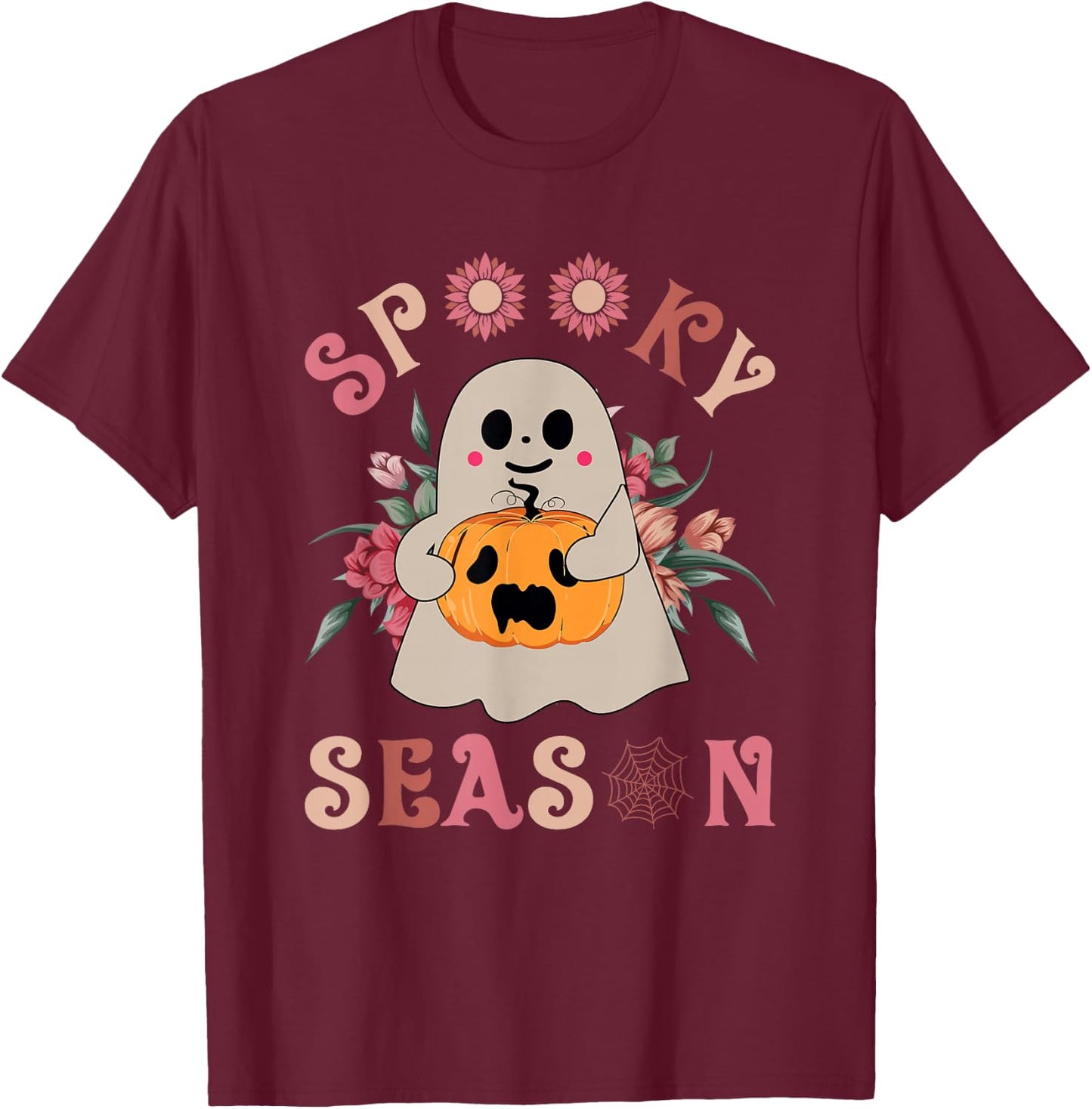 Groovy Vintage Floral Ghost Cute Halloween Spooky Season T-Shirt - T-Shirt | Maroon