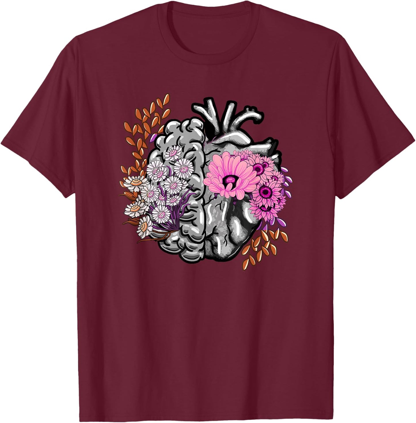Brain Heart Anatomy Flowers Girly Doctor Neurologist Gift T-Shirt - T-Shirt | Maroon