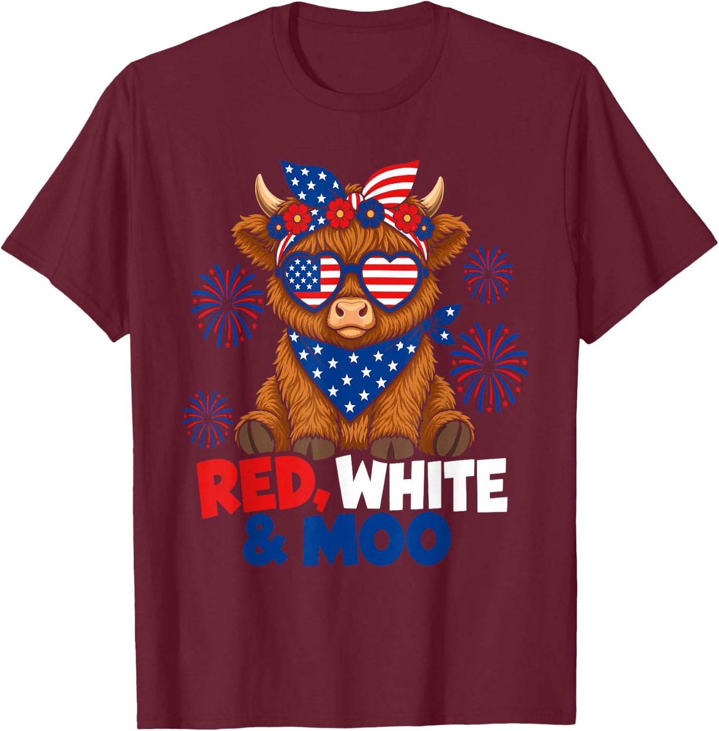 Patriotic Moo Highland Cow Fourth of July American Flag Star T-Shirt - T-Shirt | Maroon