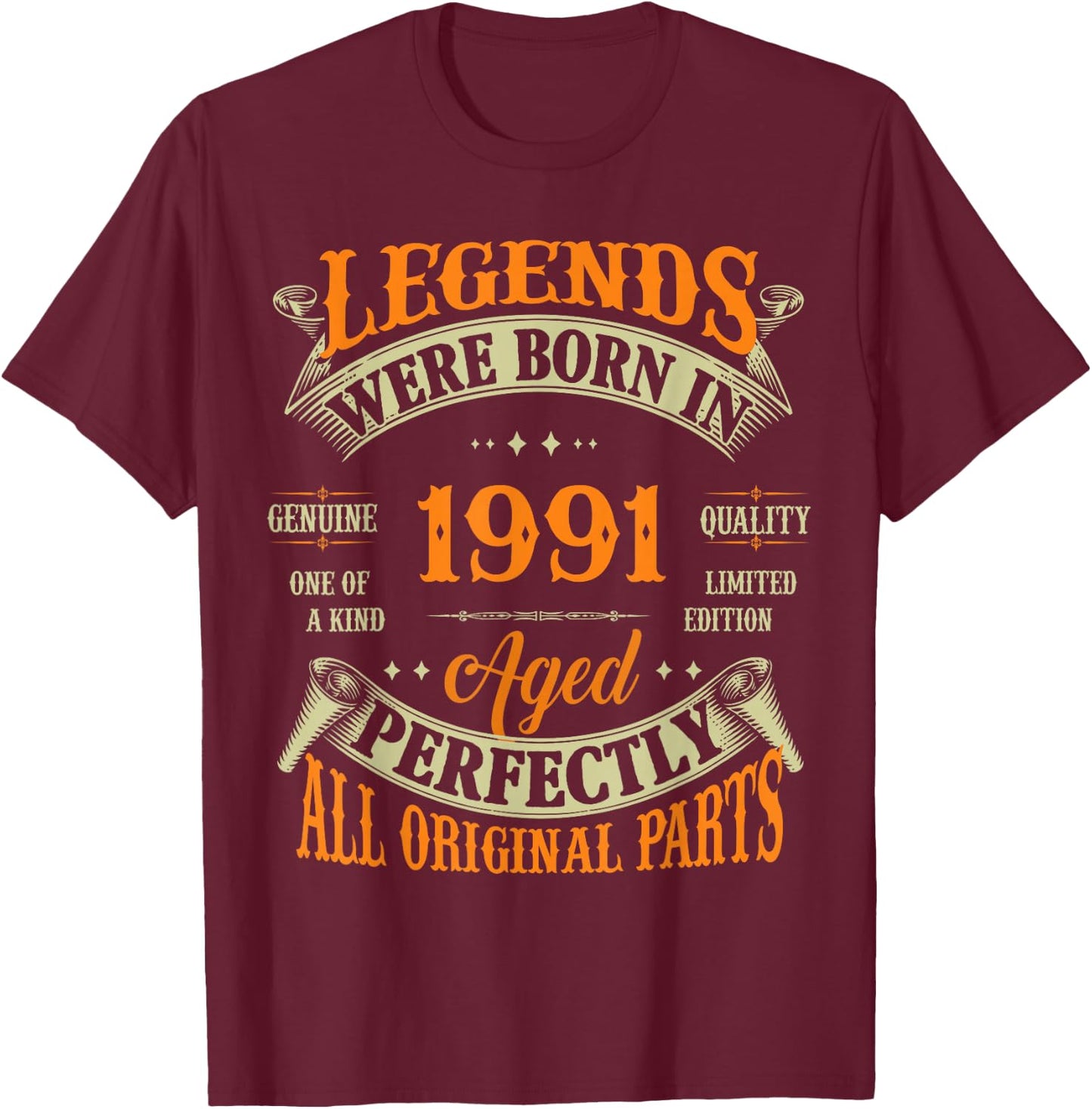 35th Birthday Vintage Legends Born in 1991 35 Years Old T-Shirt - T-Shirt | Maroon
