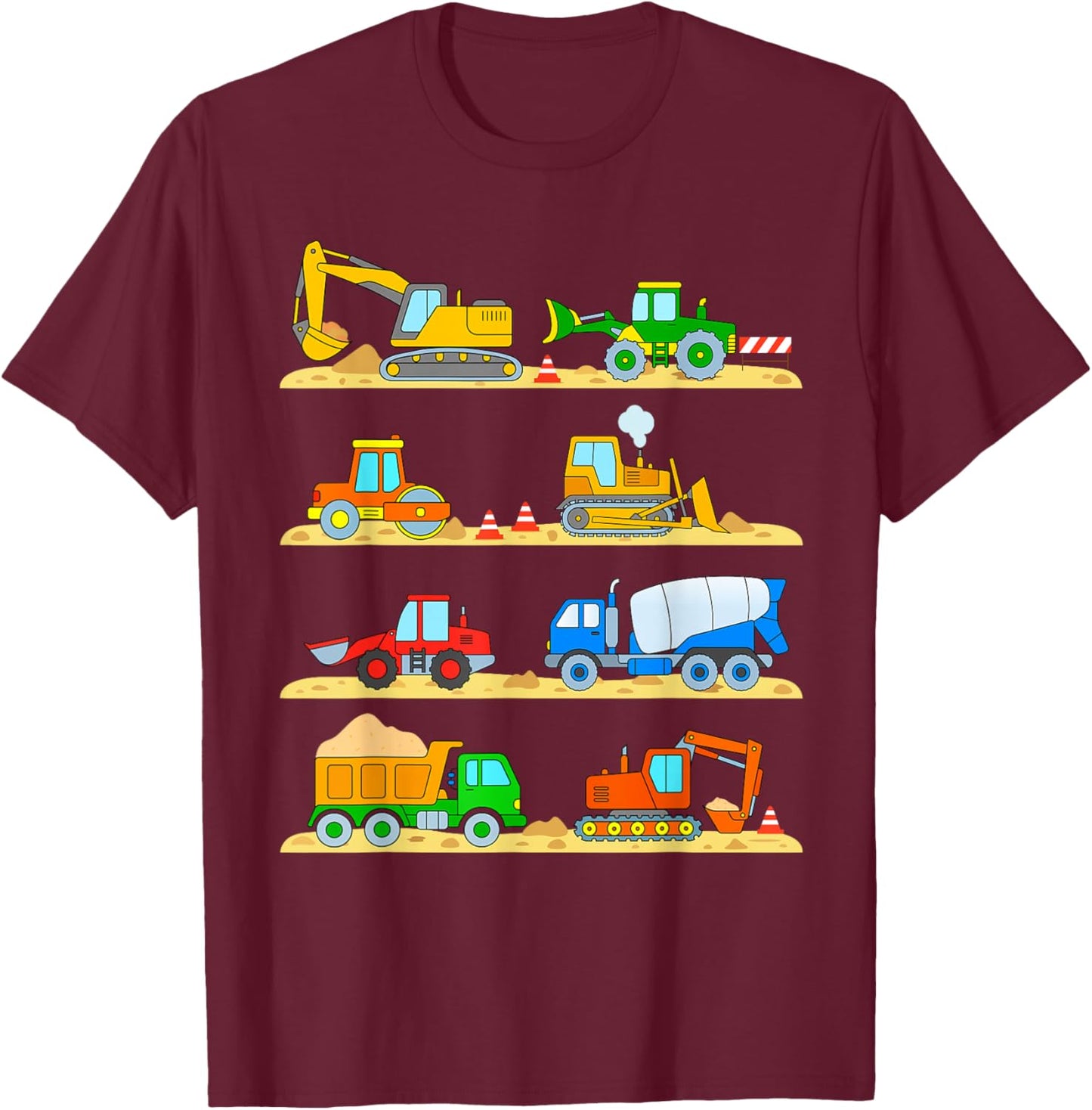 Vehicles, construction site, excavator, truck, bulldozer, cement mixer T-Shirt - T-Shirt | Maroon