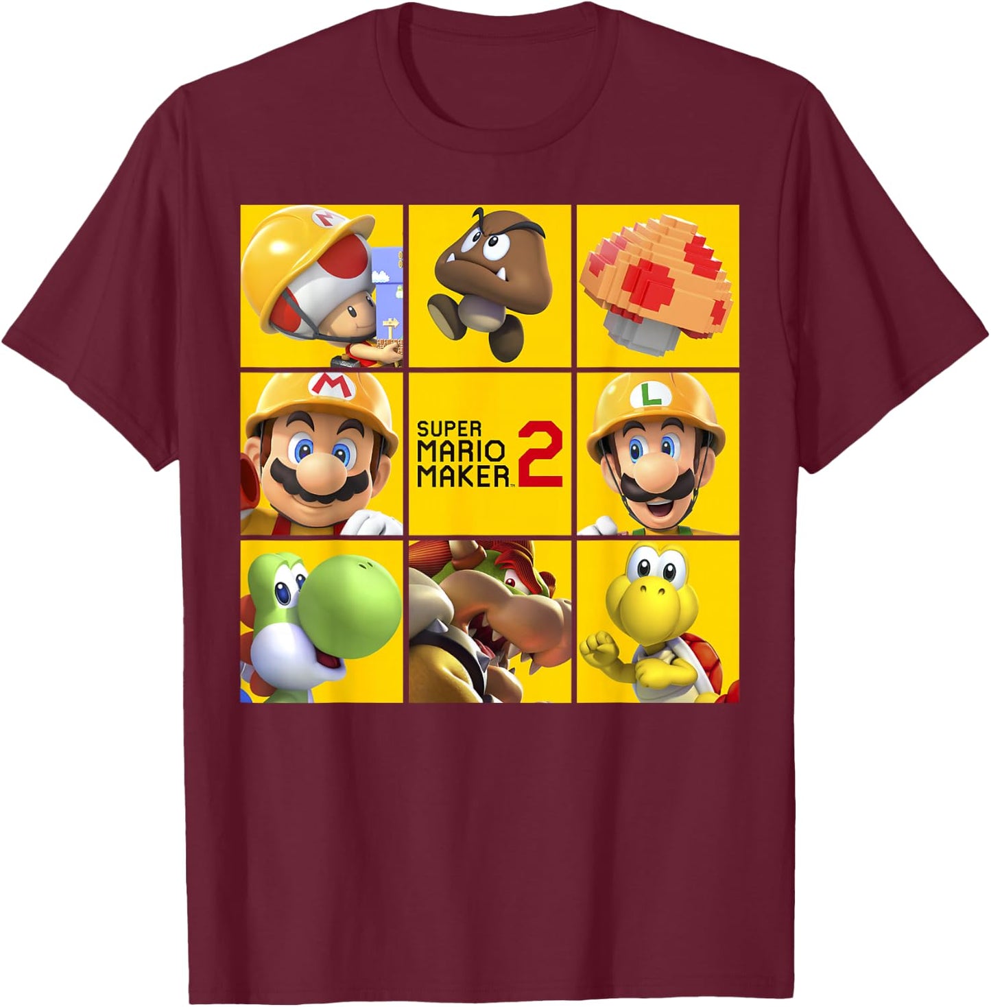Super Mario Maker 2 Character Logo Box Grid Panel T-Shirt - T-Shirt | Maroon