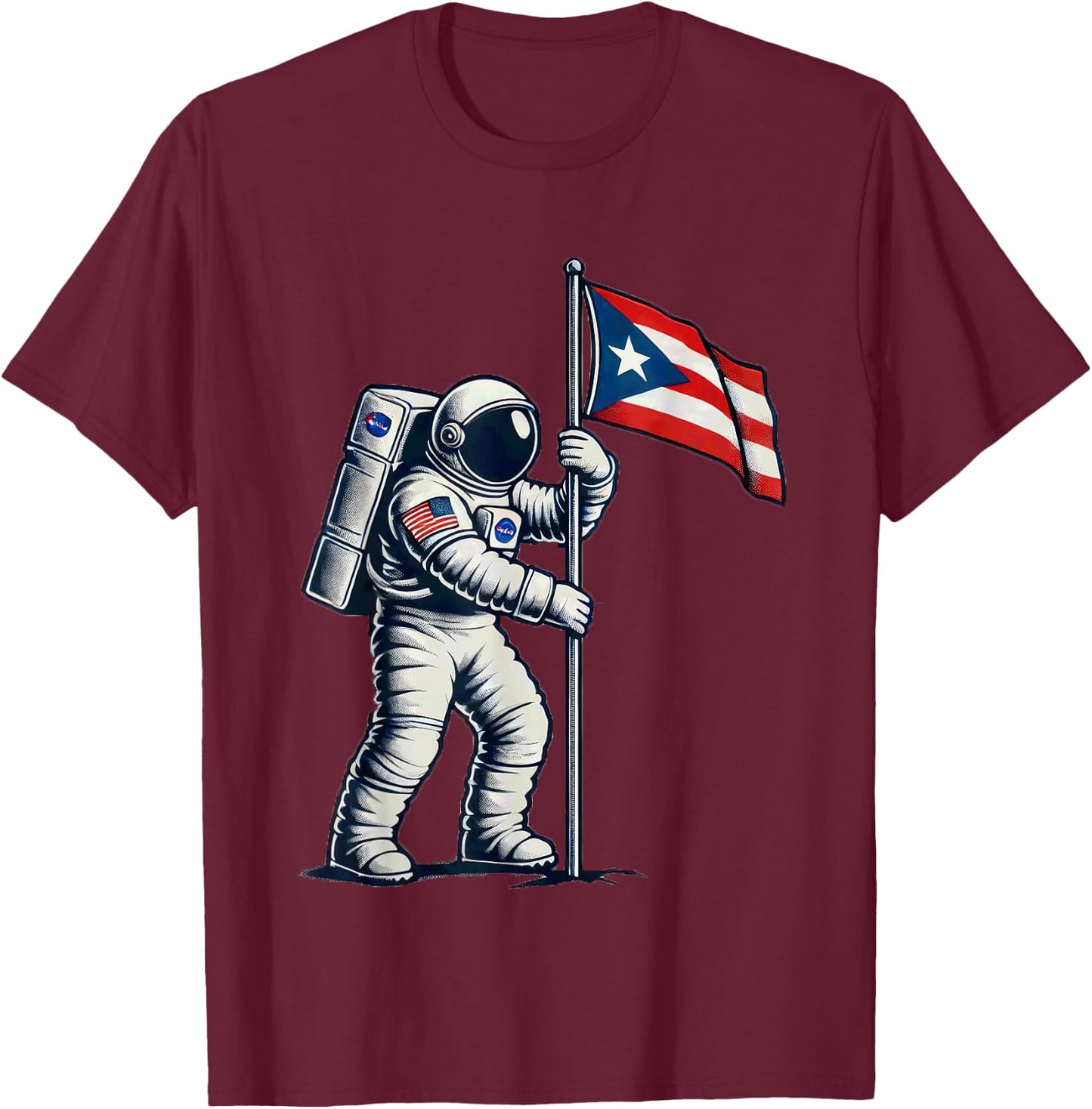 Astronaut Holding Puerto Rican Flag Moon Landing Boricua T-Shirt - T-Shirt | Maroon
