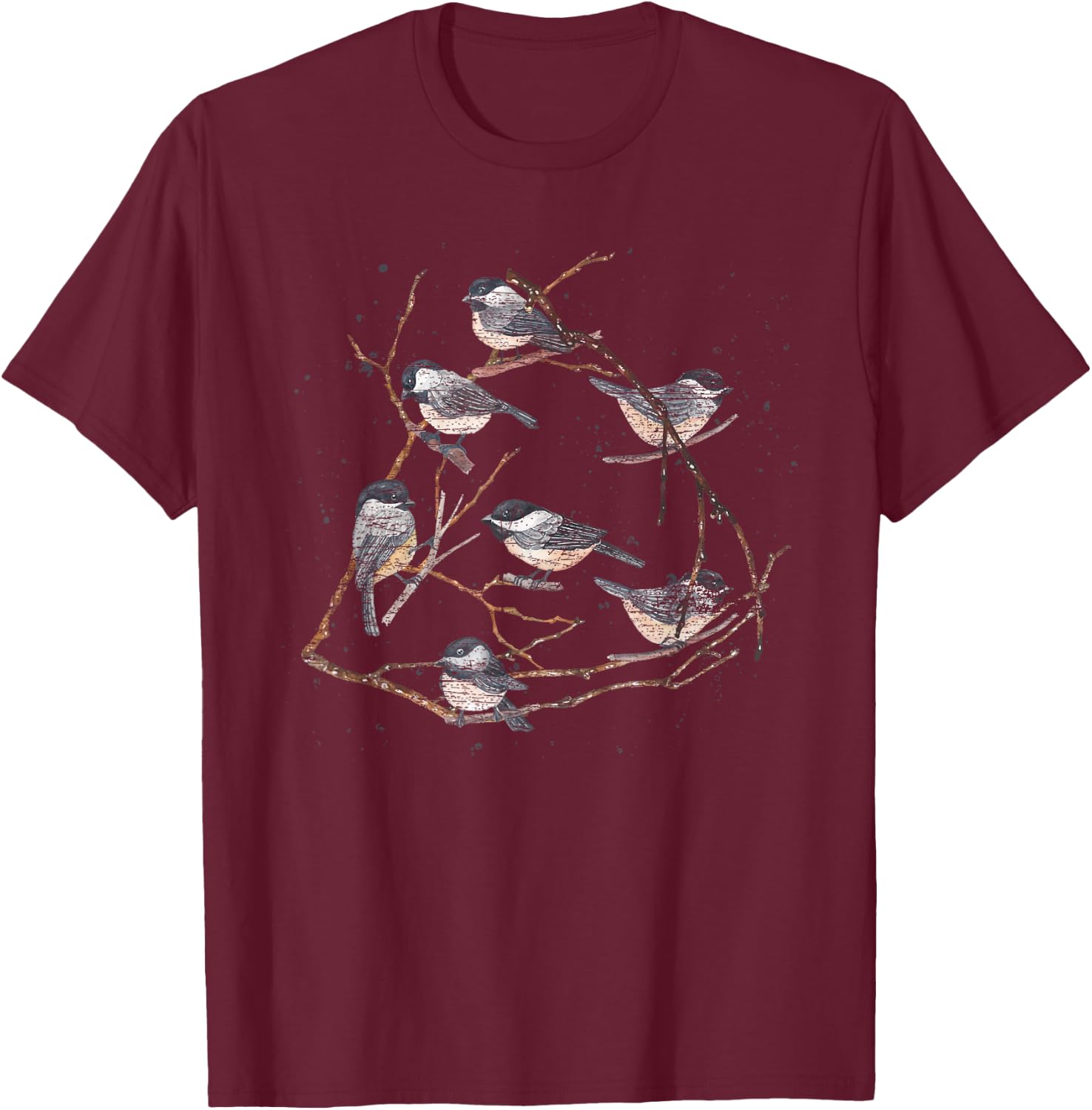 Tree Branches Nature Animal Lover Vintage Birds Chickadee T-Shirt - T-Shirt | Maroon