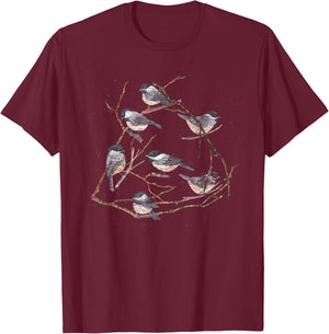 Tree Branches Nature Animal Lover Vintage Birds Chickadee T-Shirt - T-Shirt | Maroon