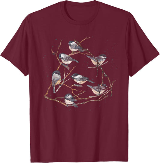 Tree Branches Nature Animal Lover Vintage Birds Chickadee T-Shirt - T-Shirt | Maroon