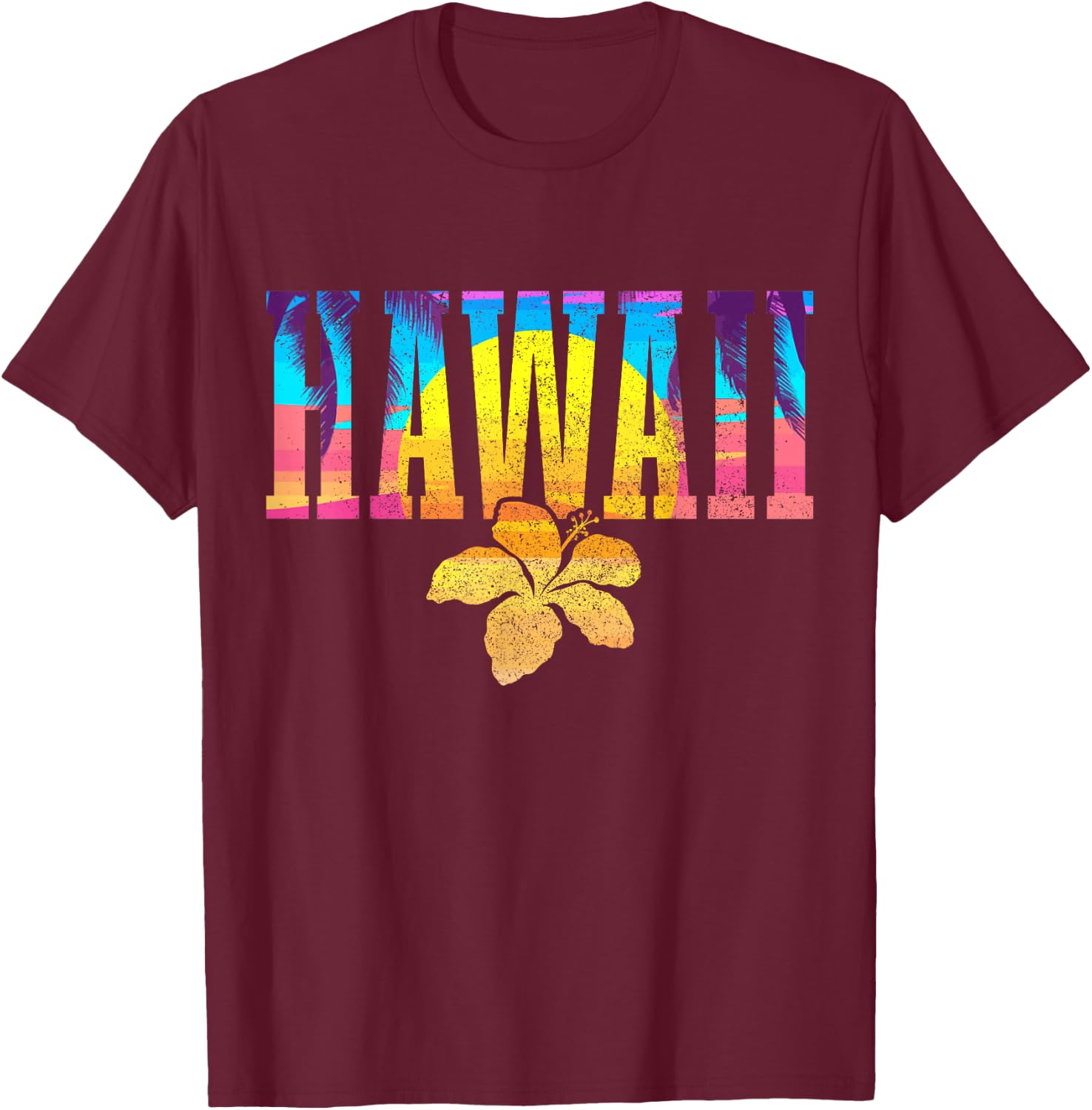 Hawaii Vintage Sunset Hibiscus Flower Hawaiian Surf Surfer T-Shirt - T-Shirt | Maroon