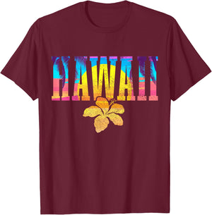 Hawaii Vintage Sunset Hibiscus Flower Hawaiian Surf Surfer T-Shirt - T-Shirt | Maroon