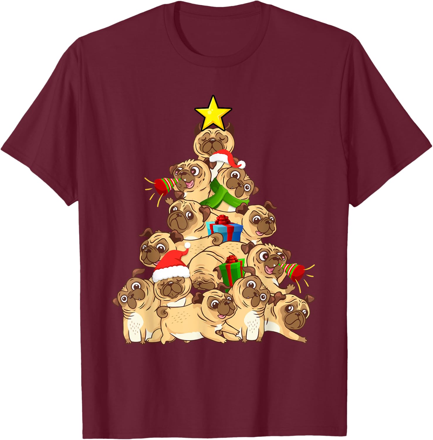 Pug Dogs Tree Christmas Sweater Xmas Pet Animal Dog Gifts Women Kids T-Shirt - T-Shirt | Maroon