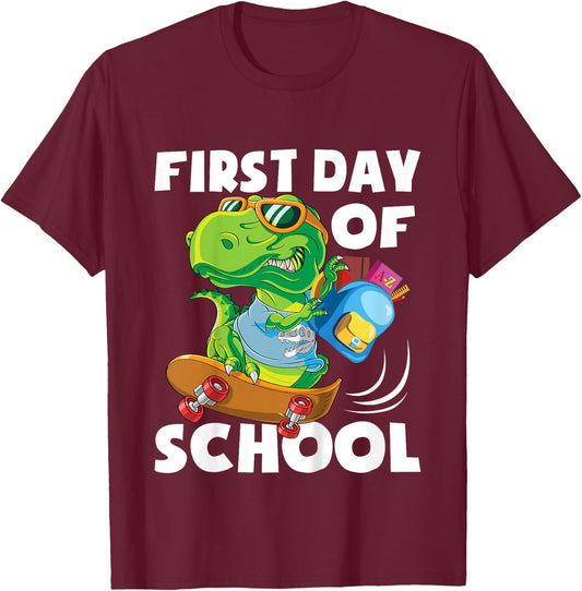 First Day Of School - Student Dino Kindergarten T-Shirt - T-Shirt | Maroon