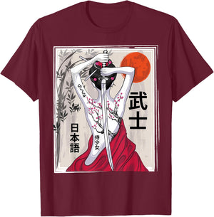 Japanese Samurai Culture Scenery Vintage Sakura Cherry T-Shirt - T-Shirt | Maroon