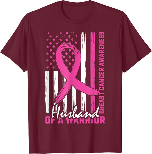 Husband Breast Cancer Support Huband of a Warrior US Flag T-Shirt - T-Shirt | Maroon