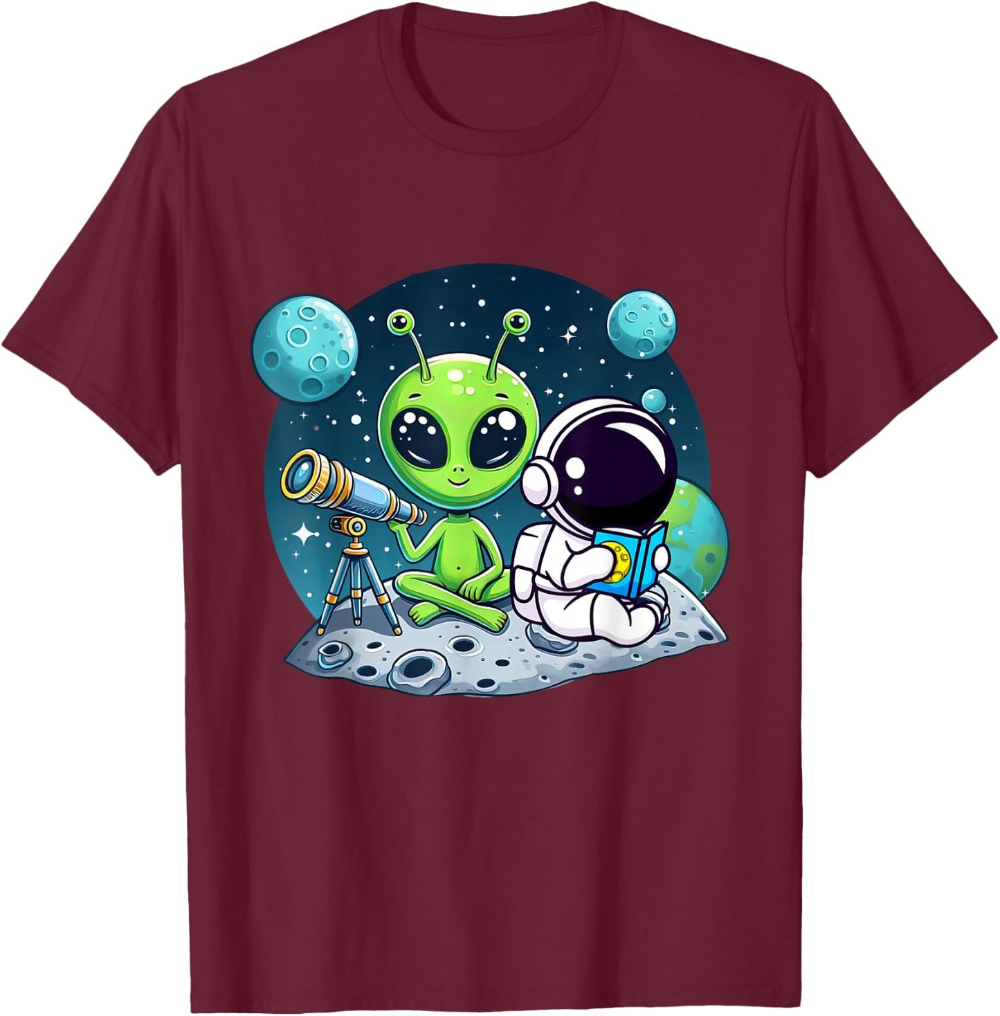 Astronaut Reading Book To Alien Moon Space Women Kids Men T-Shirt - T-Shirt | Maroon