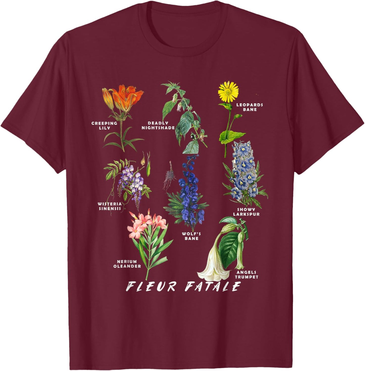 Botanist Gardening Fleur Fatale Poison Botanical Chart T-Shirt - T-Shirt | Maroon