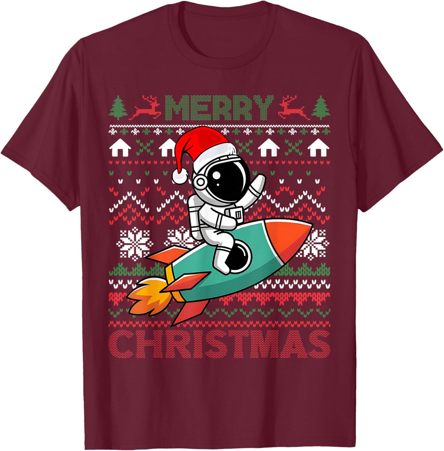 Merry Ugly Christmas Santa Hat Astronaut Riding Rocket Xmas T-Shirt - T-Shirt | Maroon