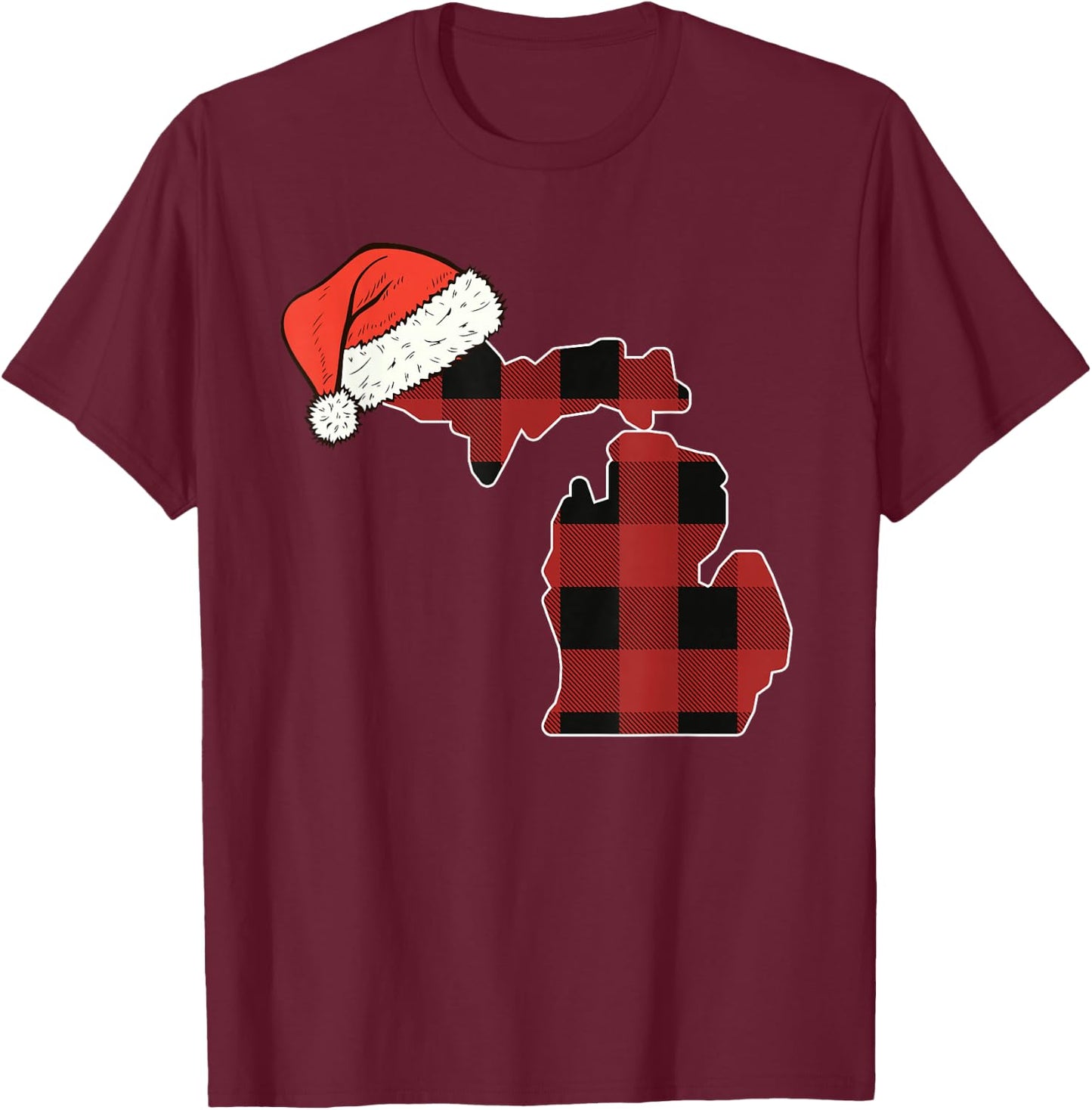 Michigan Plaid Christmas Santa Hat Holiday Matching T-Shirt - T-Shirt | Maroon