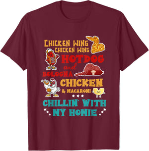 Chillin' With My Homie Thanksgiving Day Turkey Chicken Wing Hot Dog And Bologna Chicken & Macaroni - -Adults - Black - Small - Short Sleeve - Thanksgiving-Themed Dog Design T-Shirt - T-Shirt | Maroon