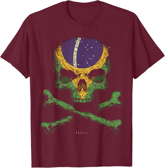 SKULL CROSSBONES BRAZIL Flag Skeleton Brazilian Heart T-Shirt - T-Shirt | Maroon