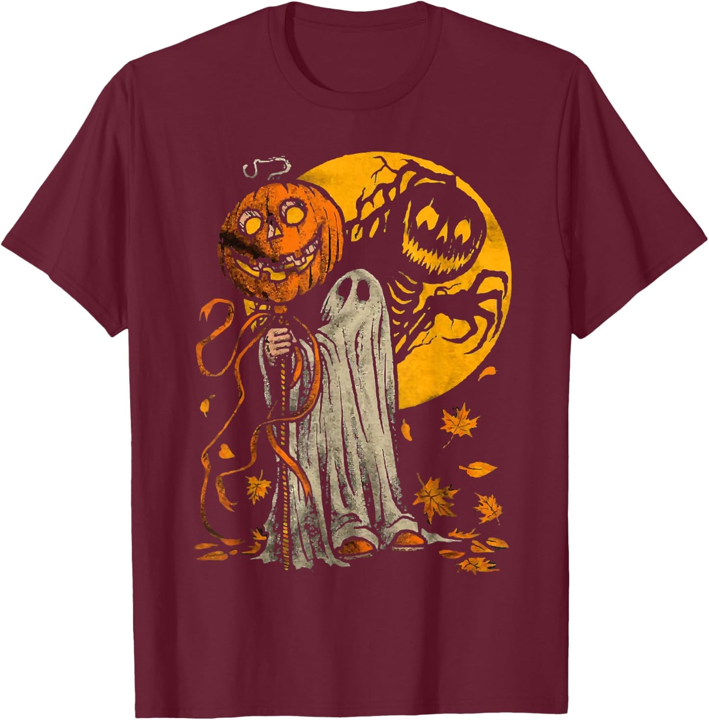 Halloween Pumpkin Ghost Autumn Leaves Graphic Art T-Shirt - T-Shirt | Maroon