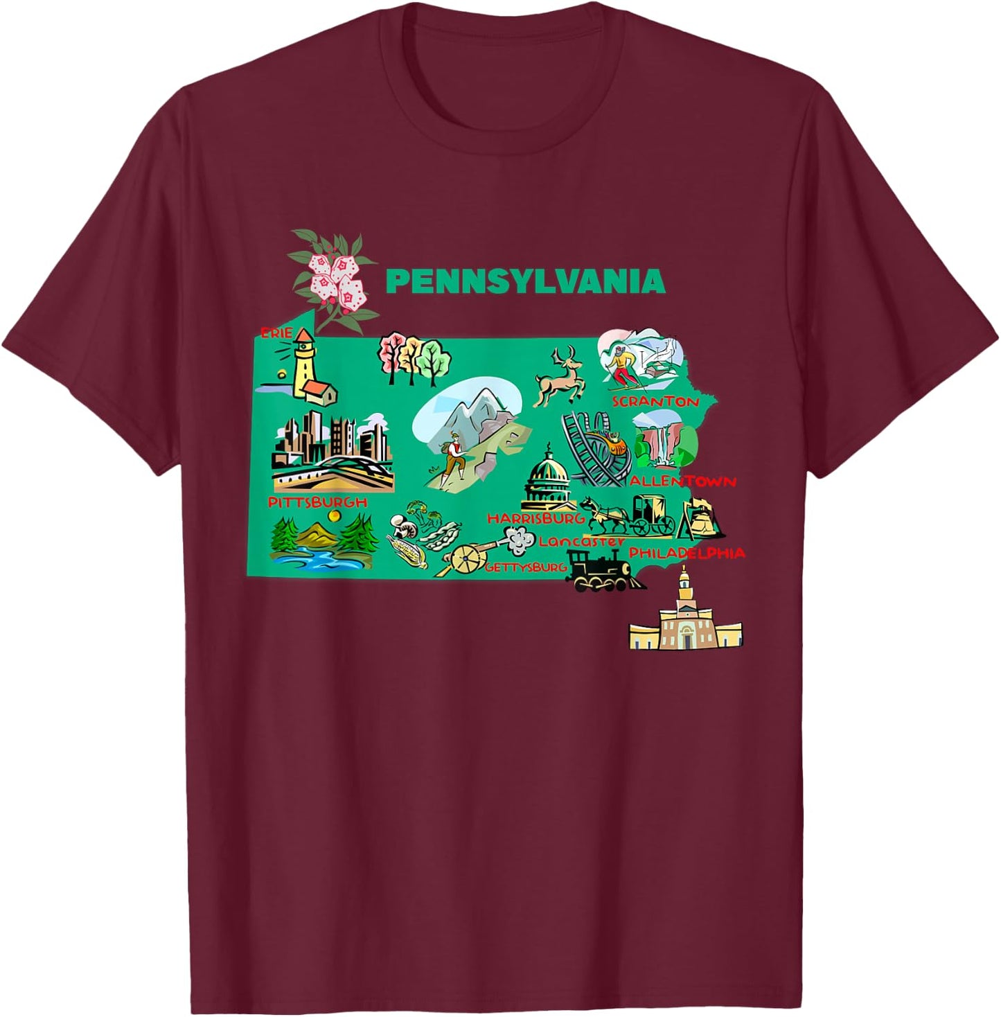 tourism map of Pennsylvania state, USA, major cities, flag T-Shirt - T-Shirt | Maroon