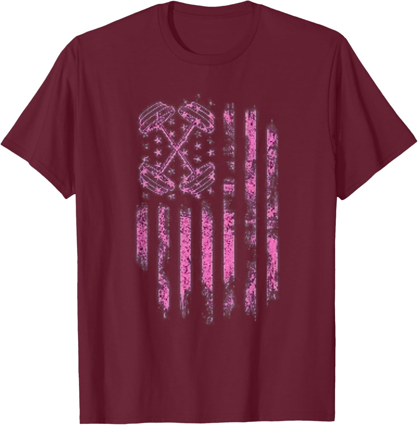 Pink Barbell American Flag Breast Cancer Awareness - Fitness Women Men T-Shirt - T-Shirt | Maroon