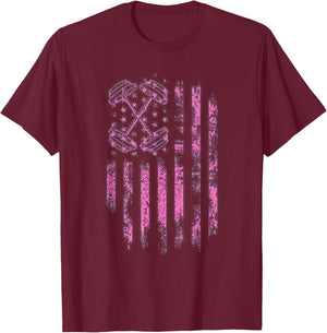 Pink Barbell American Flag Breast Cancer Awareness - Fitness Women Men T-Shirt - T-Shirt | Maroon