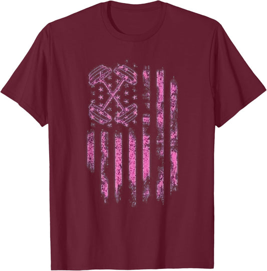 Pink Barbell American Flag Breast Cancer Awareness - Fitness Women Men T-Shirt - T-Shirt | Maroon