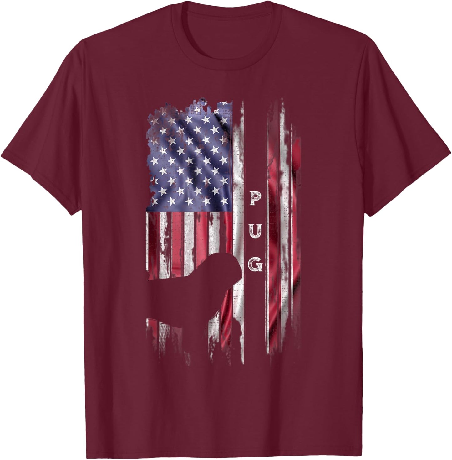 Vintage USA American Flag Pug Dog Lover Silhouette Kids Men T-Shirt - T-Shirt | Maroon