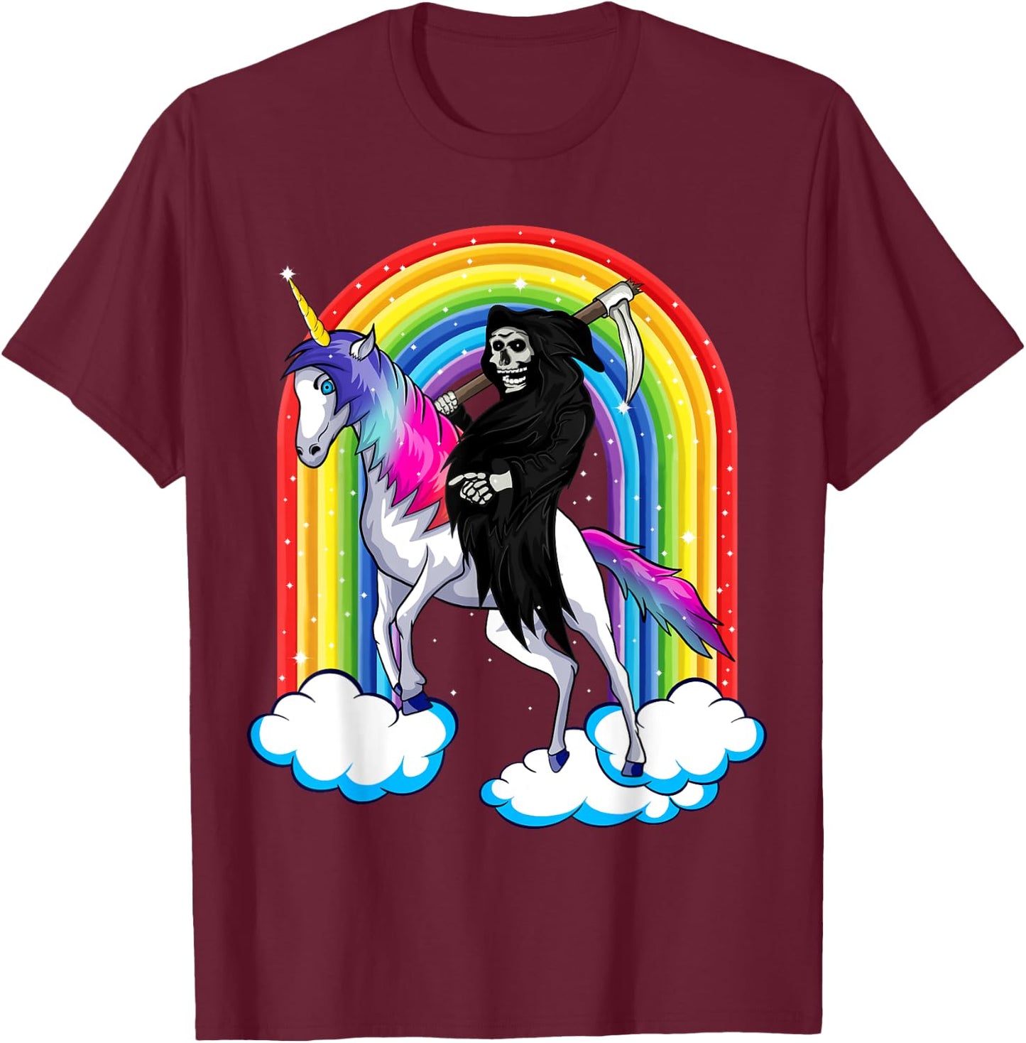Grim Reaper Skull Riding An Unicorn, Death Unicorn Halloween T-Shirt - T-Shirt | Maroon