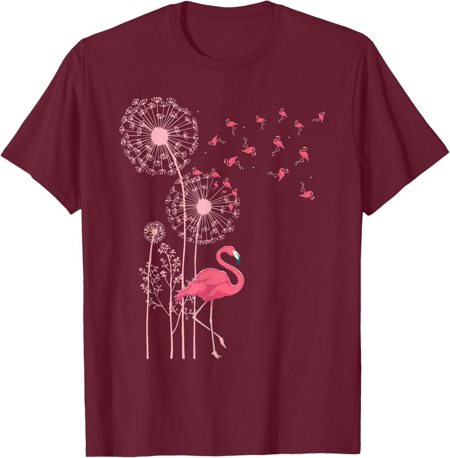 Flower Dandelion Exotic Animal Tropical Bird Pink Flamingo T-Shirt - T-Shirt | Maroon