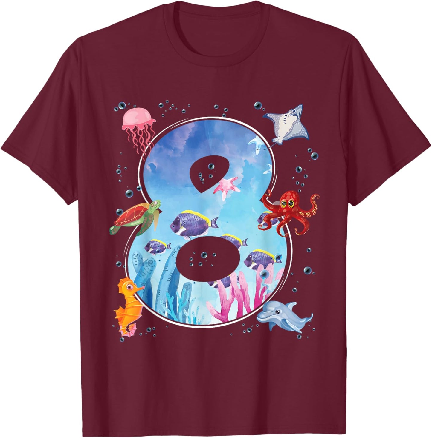 8th Birthday Party Ocean 8 Year Old Sea Fish Aquarium Boy T-Shirt - T-Shirt | Maroon