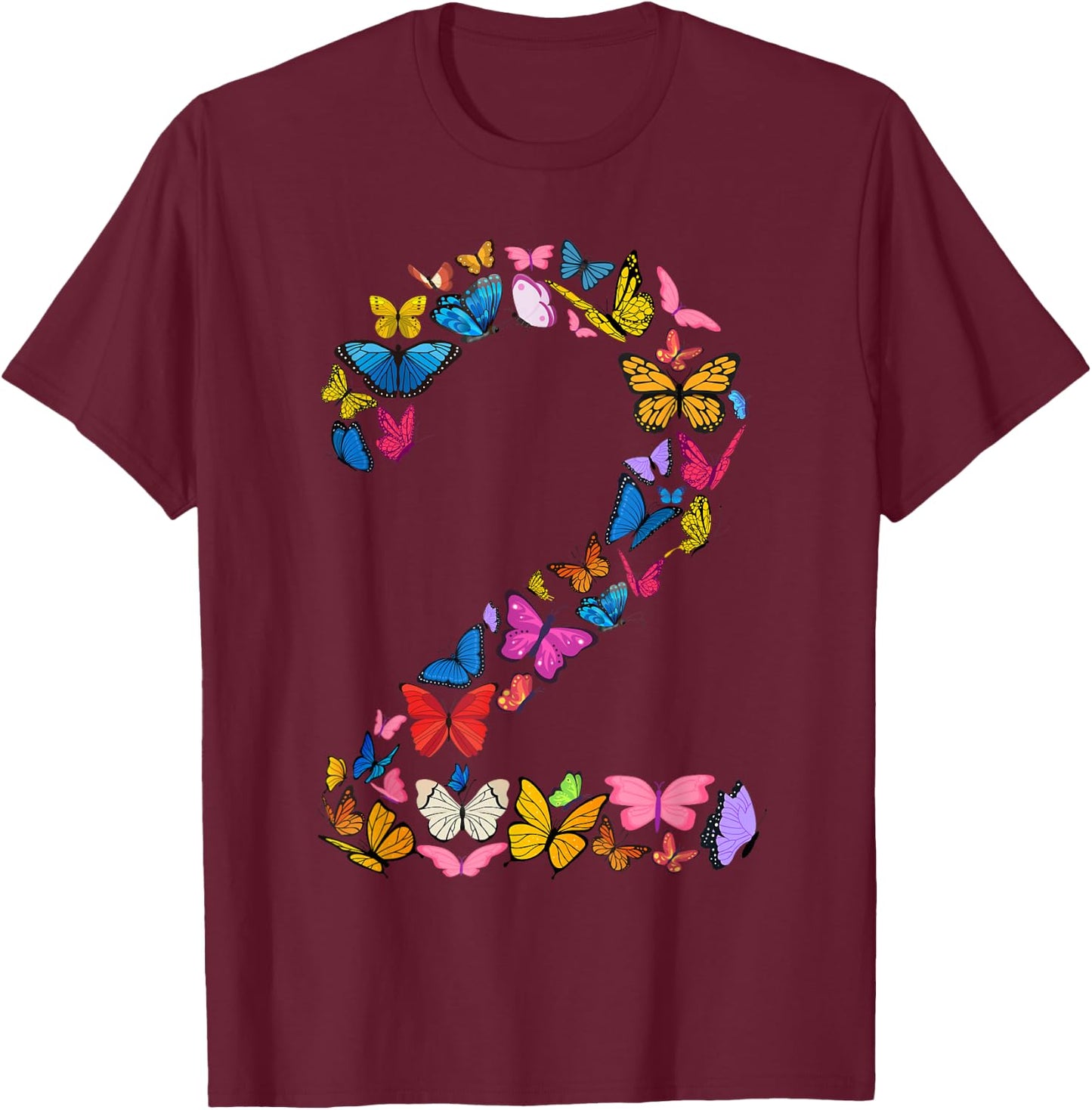 2nd Birthday Butterflies 2 Years Old Girls Butterfly lover T-Shirt - T-Shirt | Maroon