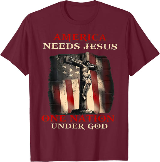 America Needs Jesus One Nation Under God T-Shirt - T-Shirt | Maroon
