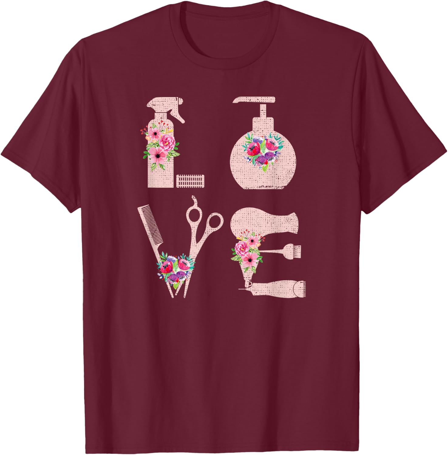 Hairdressing Love Super Cute Cosmetology Floral Arts Barber T-Shirt - T-Shirt | Maroon