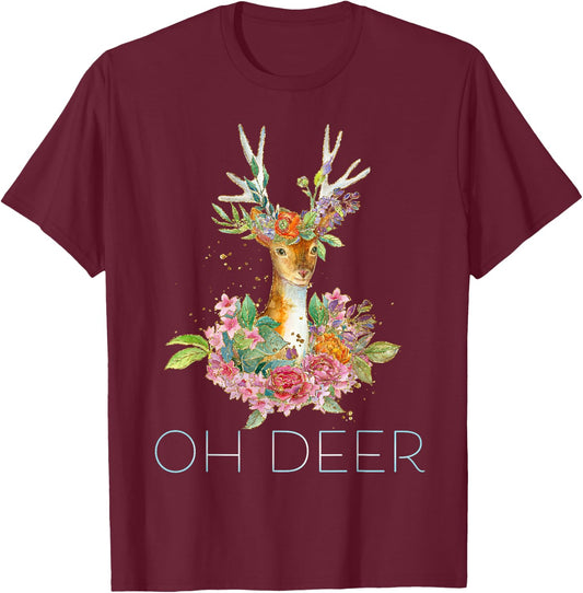 OH Deer - Cute Colorful Boho Floral Deer T-Shirt - T-Shirt | Maroon