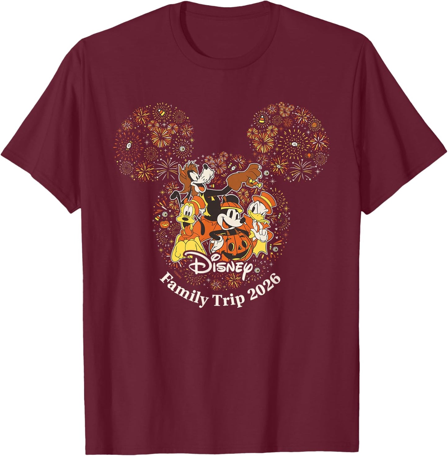 Disney Halloween Family Trip 2026 Mickey & Friends Fireworks T-Shirt - T-Shirt | Maroon