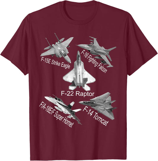 American Fighters Jets F22 Raptor F14 Tomcat Plane Spotting T-Shirt - T-Shirt | Maroon